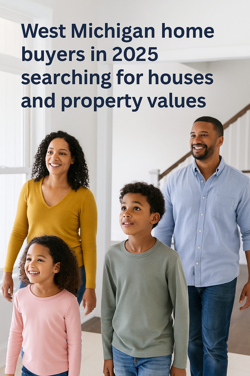 Family touring a home with a real estate agent in West Michigan