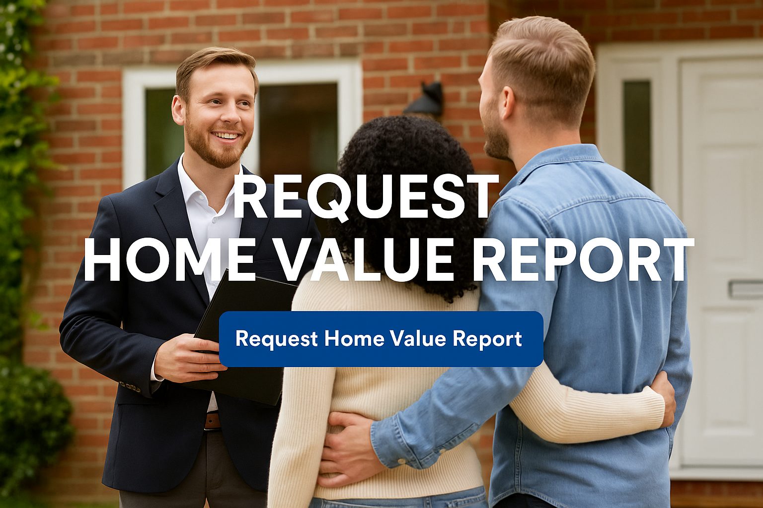 Realtor talking with clients in front of home with Request Home Value Report text